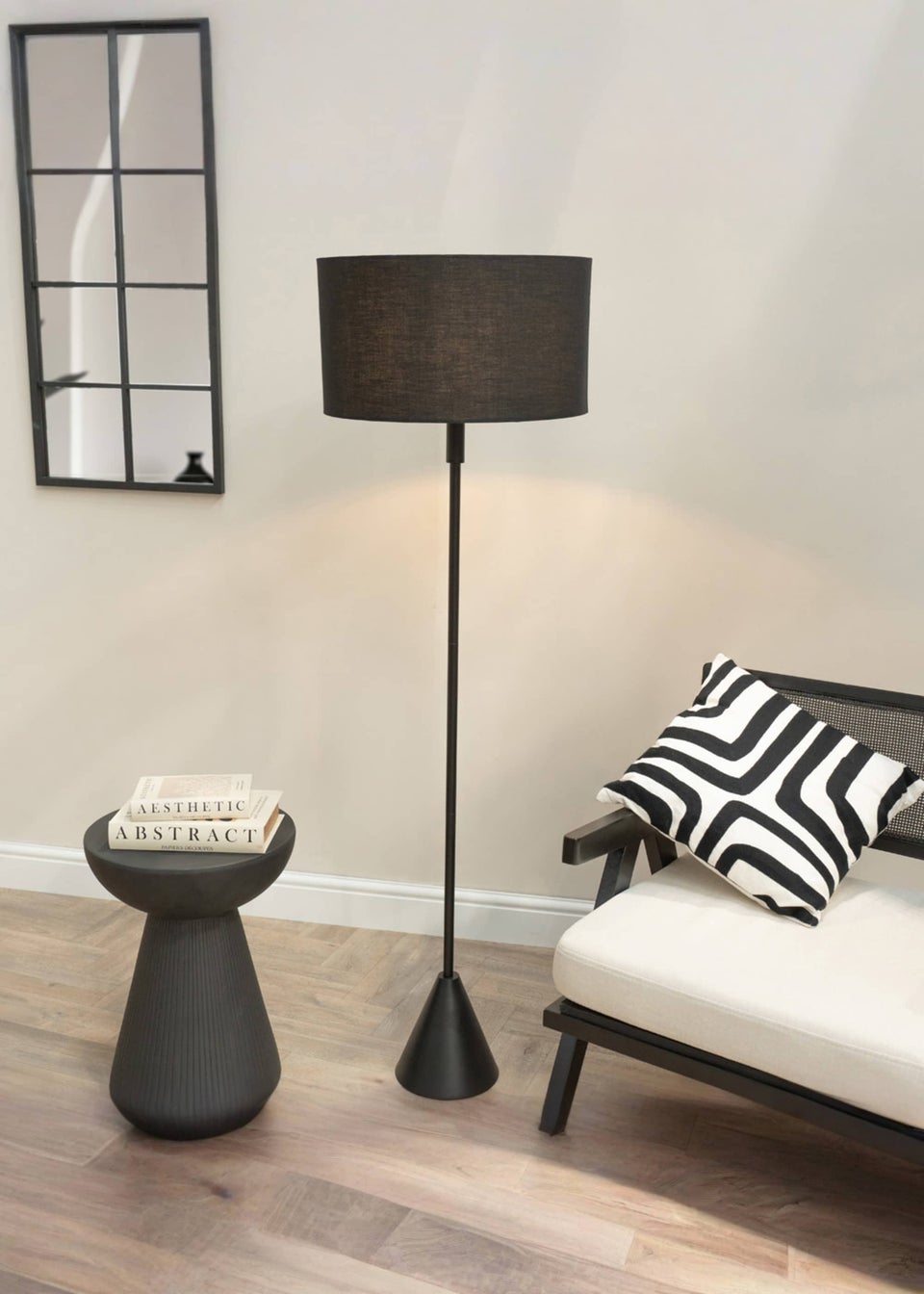 ValueLights Mitch Wood Triangle Floor Lamp Black Lampshade