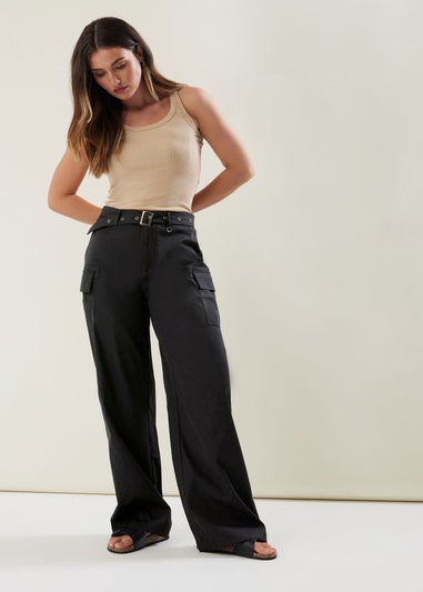 Long Tall Sally Black Belted Wide Leg Cargo Trousers