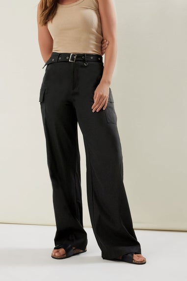 Long Tall Sally Black Belted Wide Leg Cargo Trousers