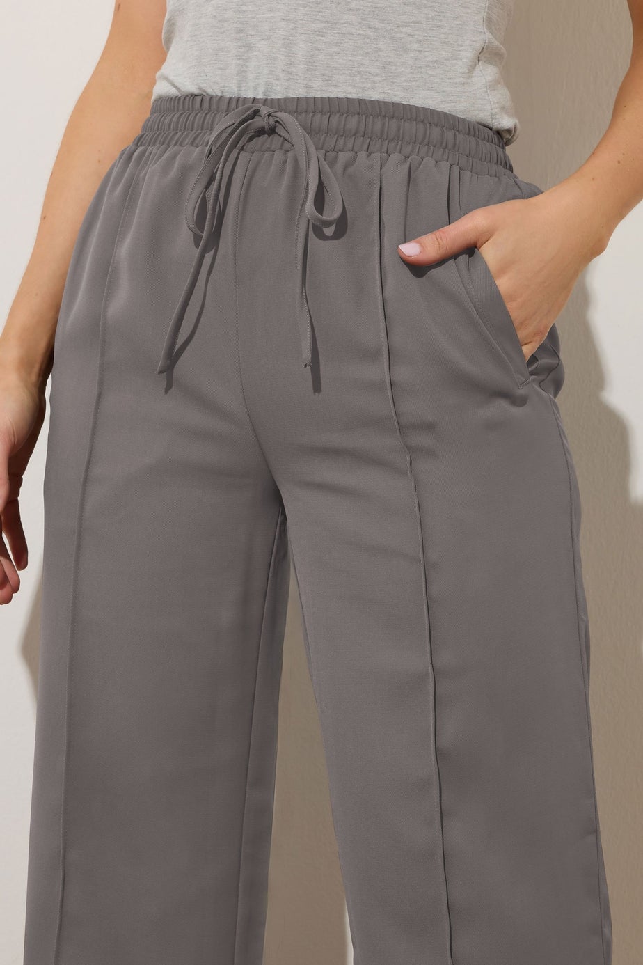 Long Tall Sally Grey Tie Waistband Wide Leg Trousers