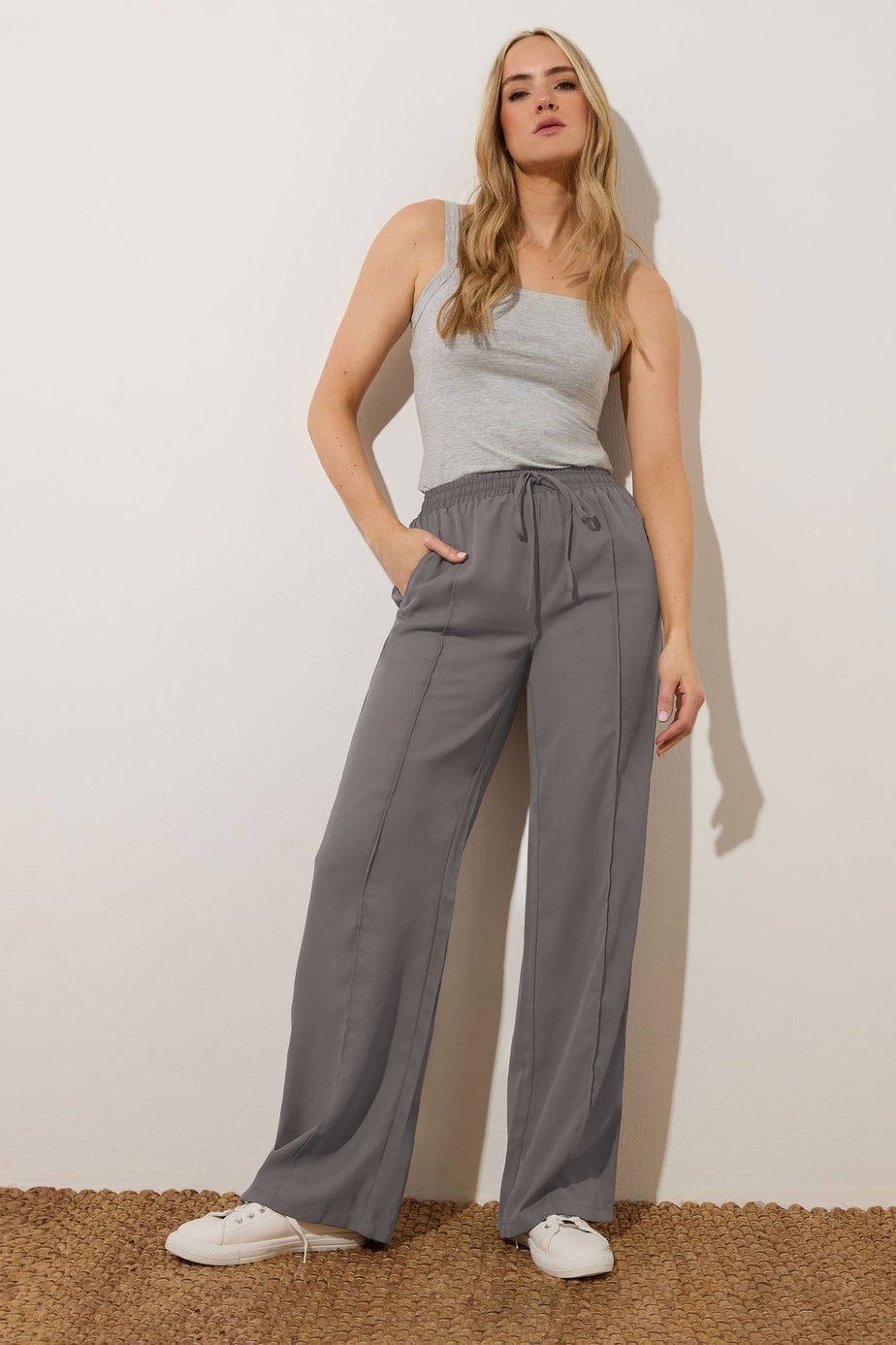 Long Tall Sally Grey Tie Waistband Wide Leg Trousers