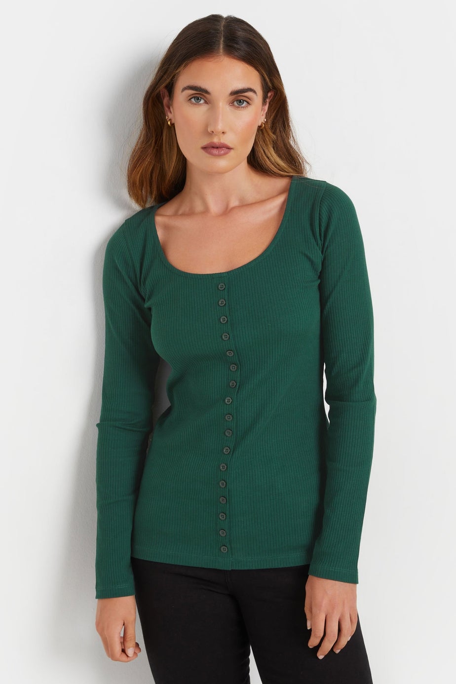 Long Tall Sally Emerald Green Ribbed Button Long Sleeve Top