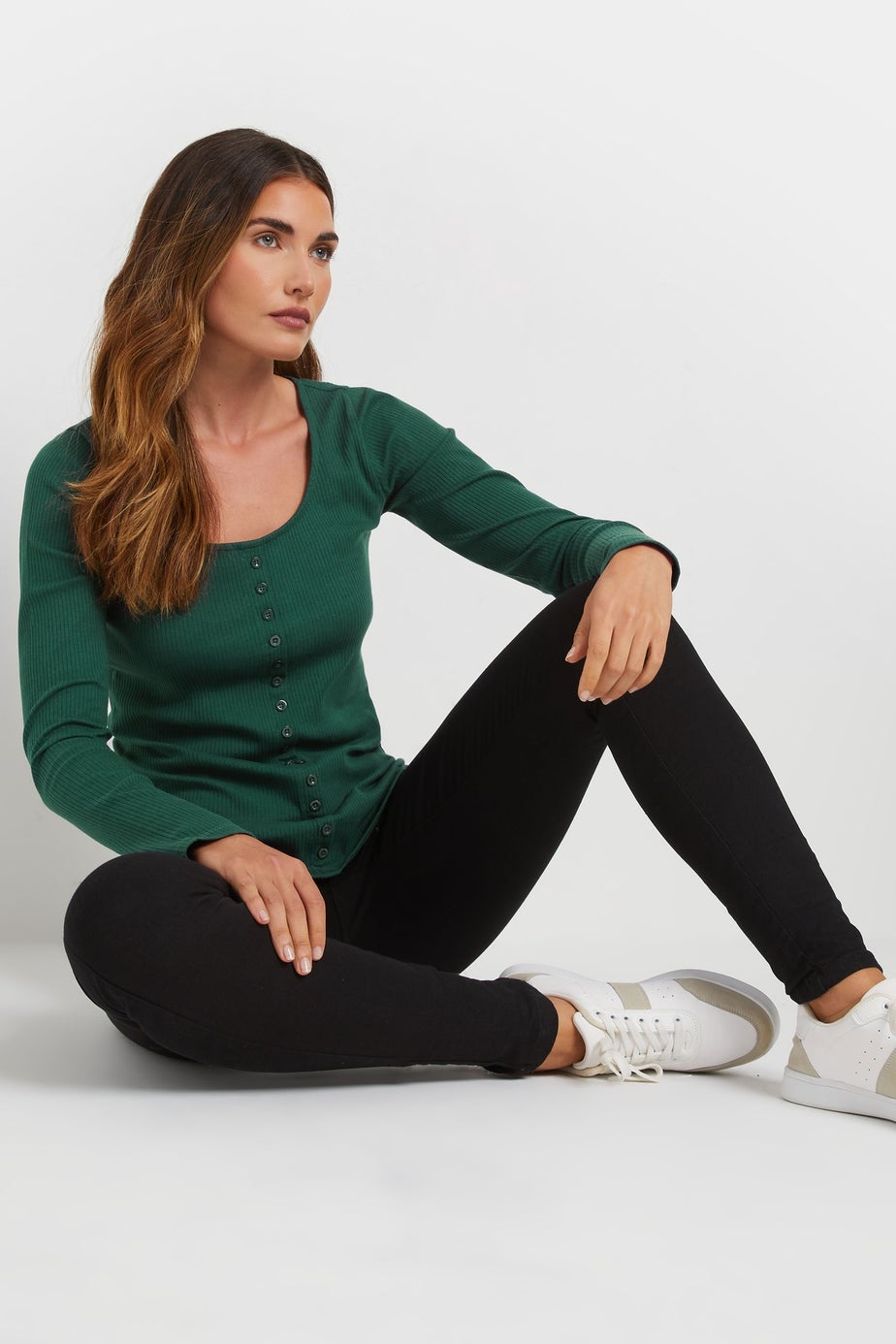 Long Tall Sally Emerald Green Ribbed Button Long Sleeve Top
