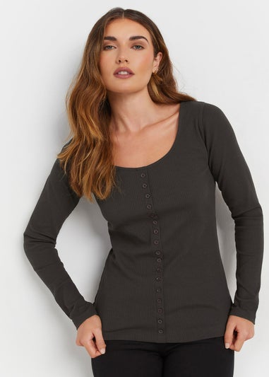 Long Tall Sally Charcoal Grey Ribbed Button Long Sleeve Top