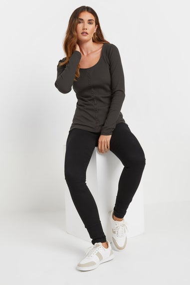 Long Tall Sally Charcoal Grey Ribbed Button Long Sleeve Top