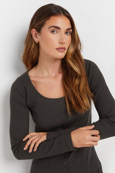 Long Tall Sally Charcoal Grey Ribbed Button Long Sleeve Top