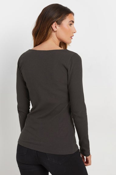 Long Tall Sally Charcoal Grey Ribbed Button Long Sleeve Top