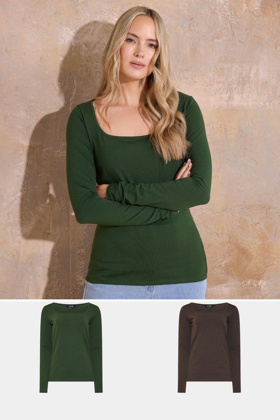 Long Tall Sally 2 Pack Brown & Green Square Neck Tops