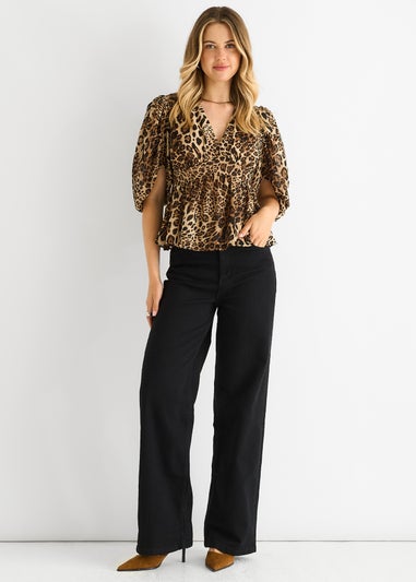 Gini London Brown Animal Print V Neck Peplum Blouse