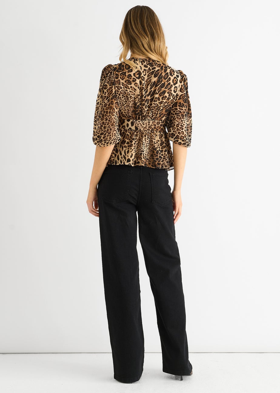 Gini London Brown Animal Print V Neck Peplum Blouse