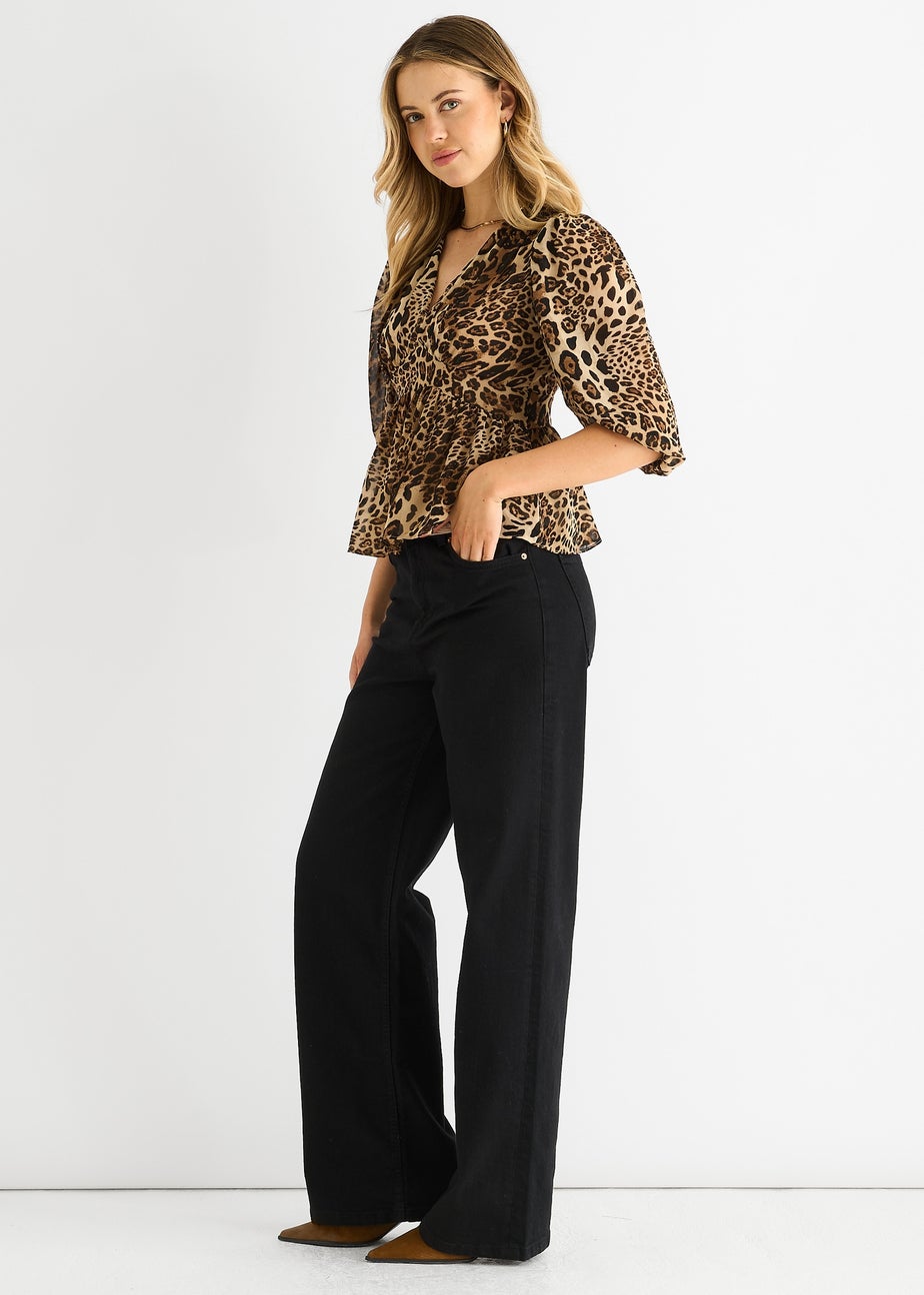 Gini London Brown Animal Print V Neck Peplum Blouse