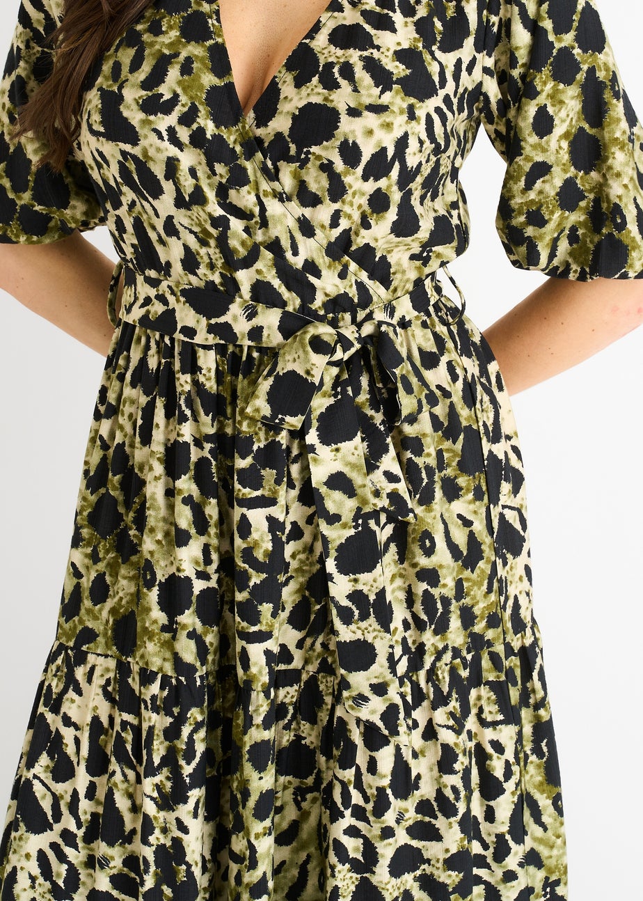 Gini London Green Animal Print Wrap Skater Midi Dress