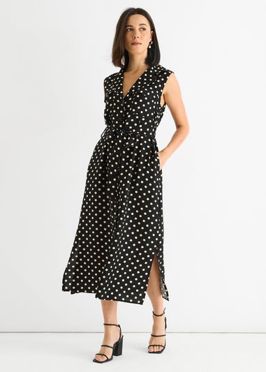 Gini London Black Viscose Spot Print Belted Shirt Midi Dress