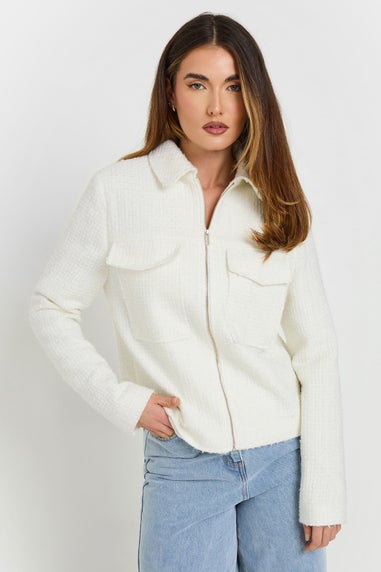 LTS Tall Ivory White Boucle Zip Bomber Jacket