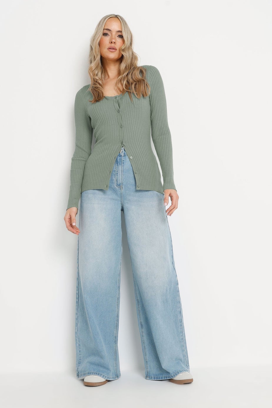 Long Tall Sally Sage Green Ribbed Scalloped Hemline Cardigan