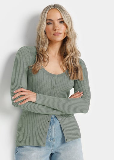 Long Tall Sally Sage Green Ribbed Scalloped Hemline Cardigan
