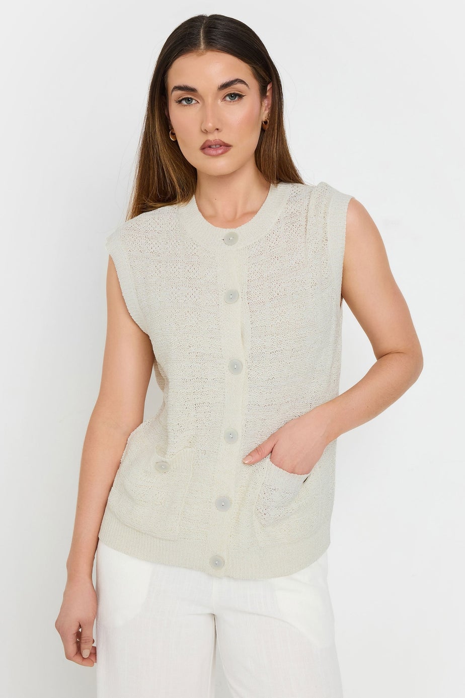 Long Tall Sally Ivory White Knitted Metallic Button Vest Top