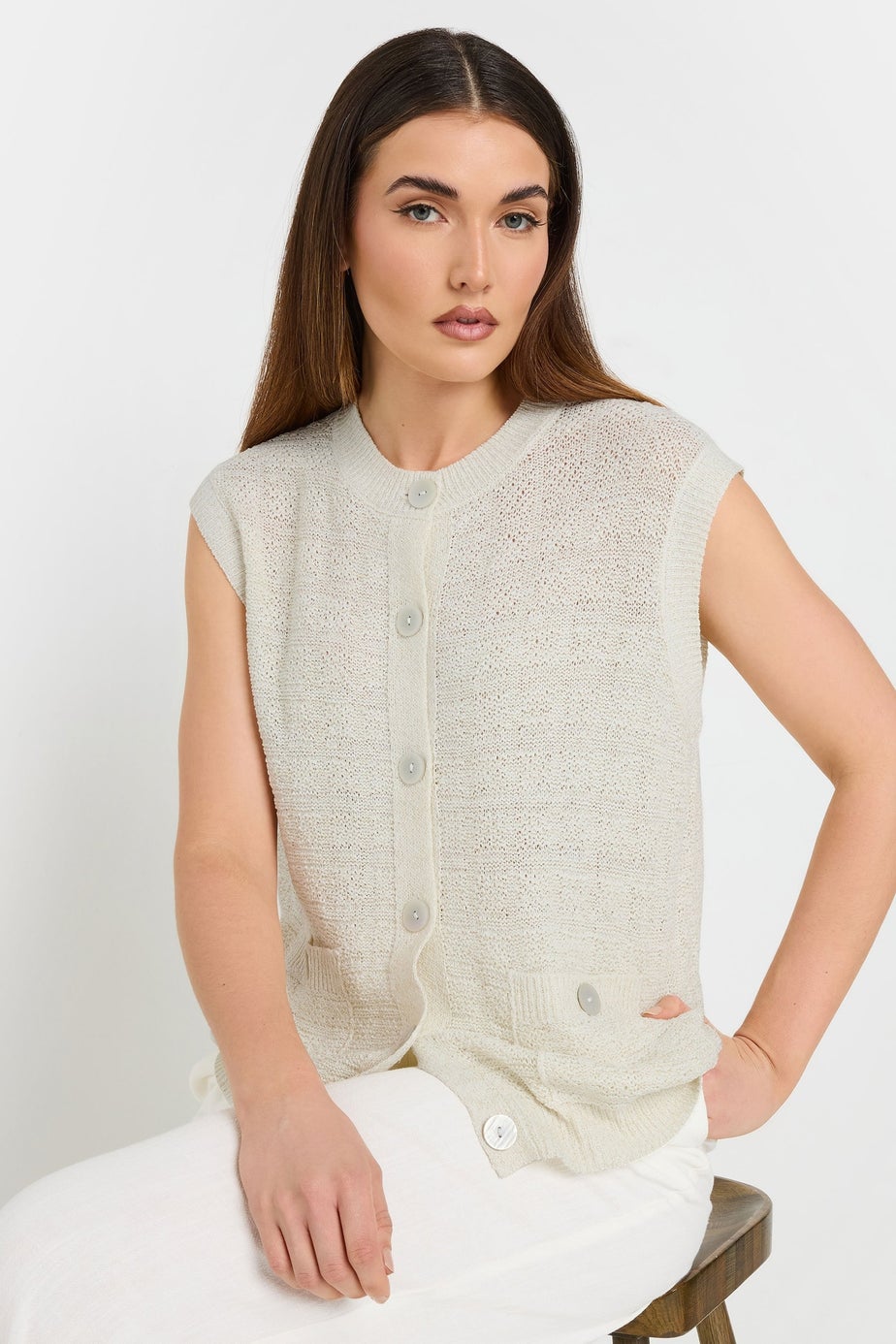 Long Tall Sally Ivory White Knitted Metallic Button Vest Top