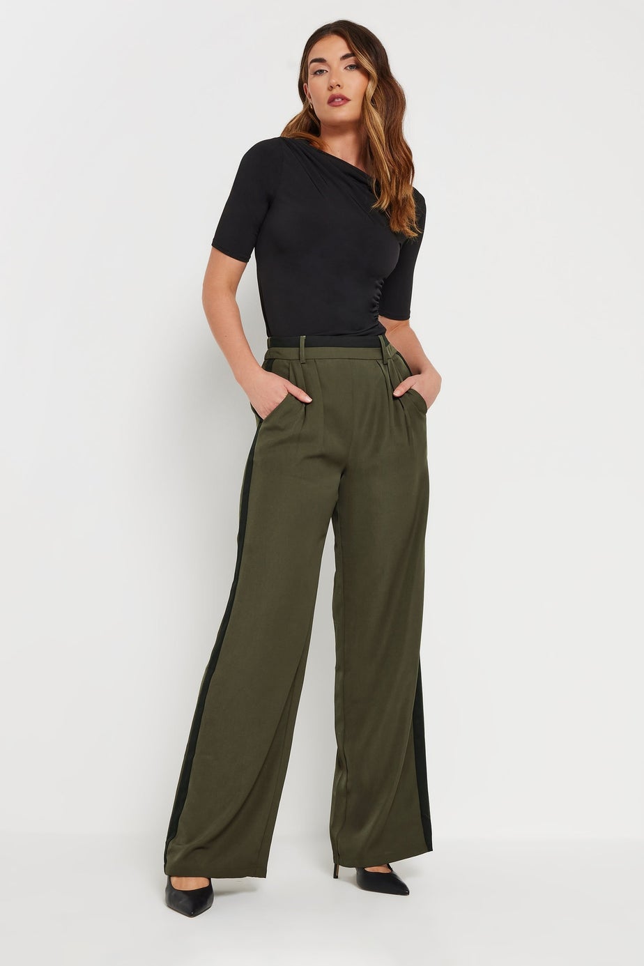 Long Tall Sally Khaki Green Contrast Stripe Wide Leg Trousers