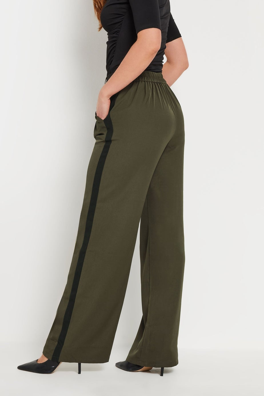 Long Tall Sally Khaki Green Contrast Stripe Wide Leg Trousers