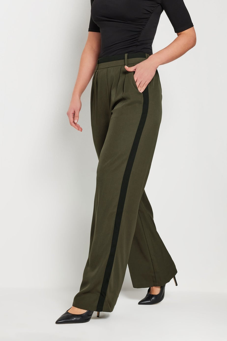 Long Tall Sally Khaki Green Contrast Stripe Wide Leg Trousers