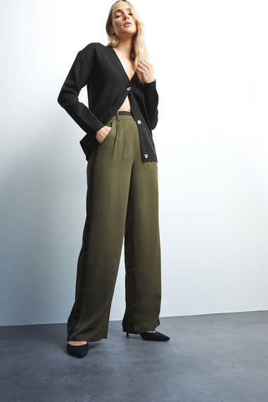 Long Tall Sally Khaki Green Contrast Stripe Wide Leg Trousers
