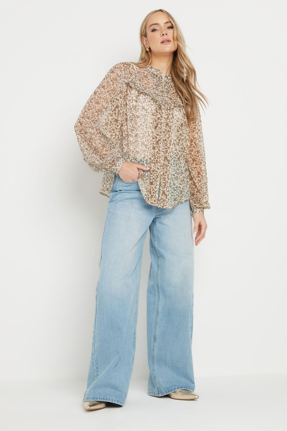 LTS Tall Beige Brown Sheer Floral Frill Blouse