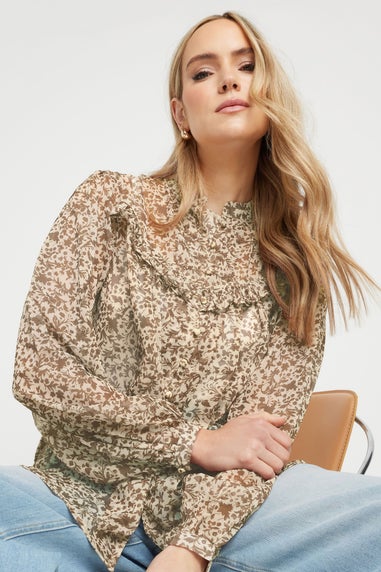 LTS Tall Beige Brown Sheer Floral Frill Blouse