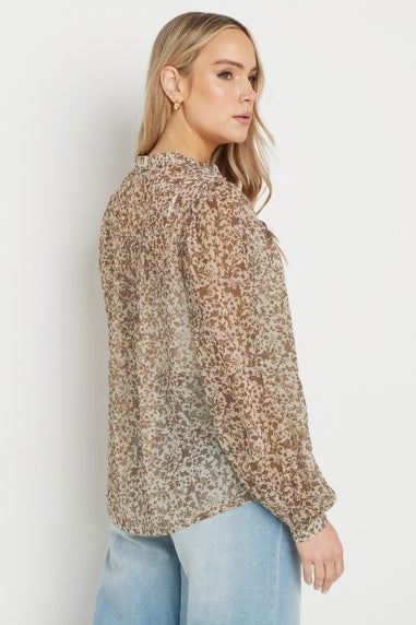 LTS Tall Beige Brown Sheer Floral Frill Blouse