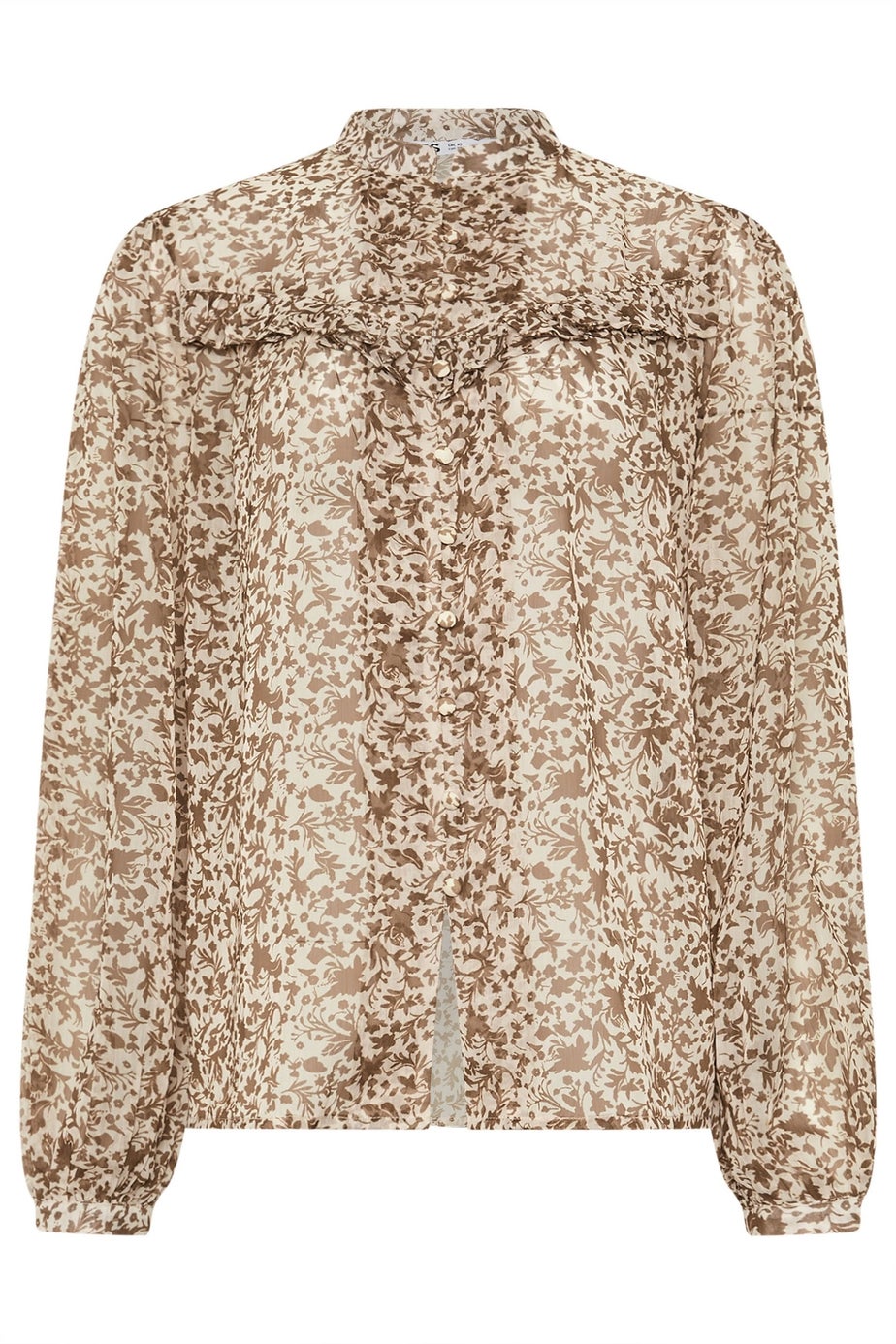 LTS Tall Beige Brown Sheer Floral Frill Blouse