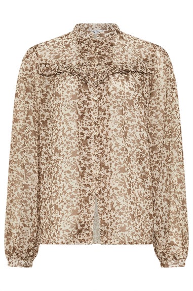 LTS Tall Beige Brown Sheer Floral Frill Blouse