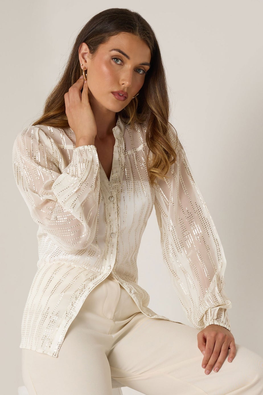 LTS Tall Ivory White Metallic Dash Blouse