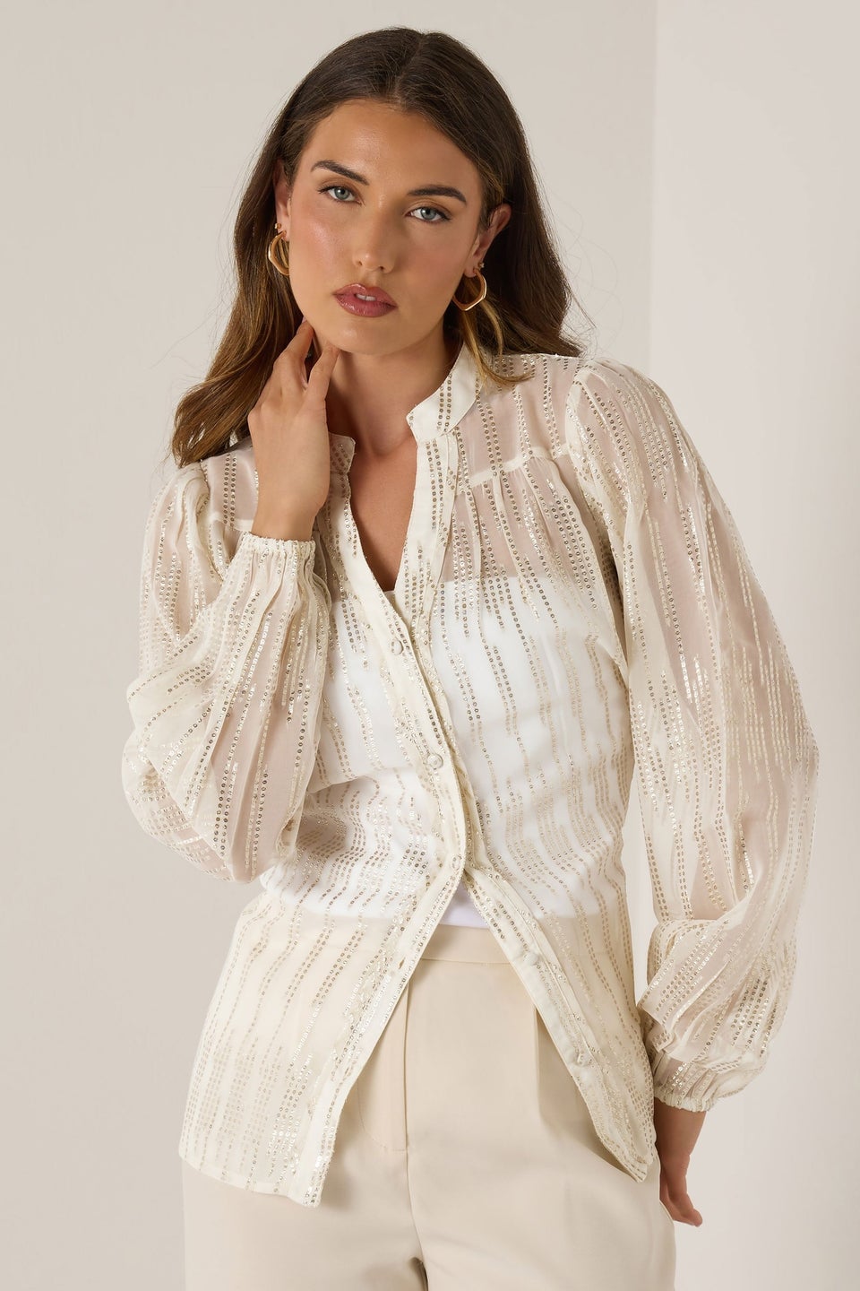 LTS Tall Ivory White Metallic Dash Blouse