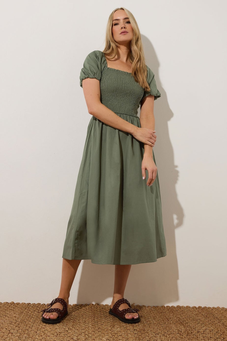Long Tall Sally Khaki Green Shirred Puff Sleeve Midi Dress