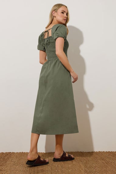 Long Tall Sally Khaki Green Shirred Puff Sleeve Midi Dress