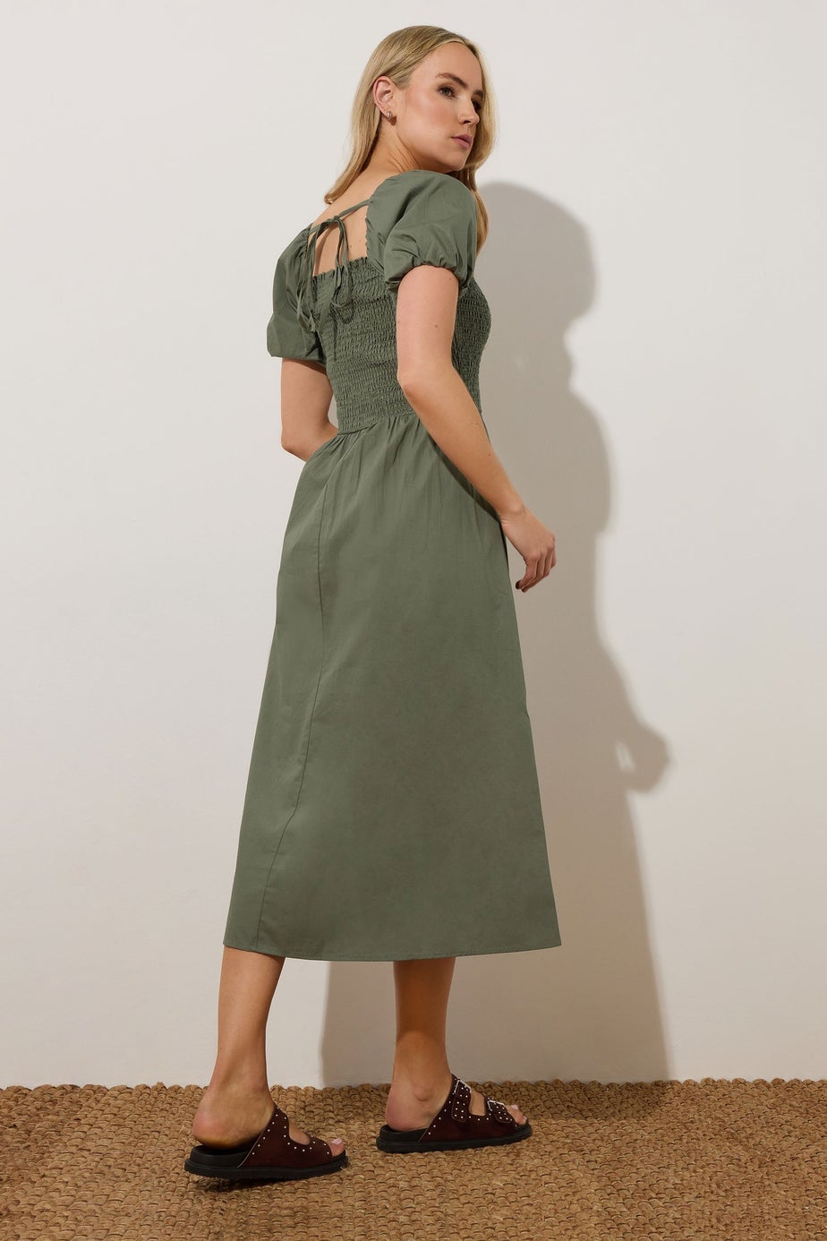 Long Tall Sally Khaki Green Shirred Puff Sleeve Midi Dress
