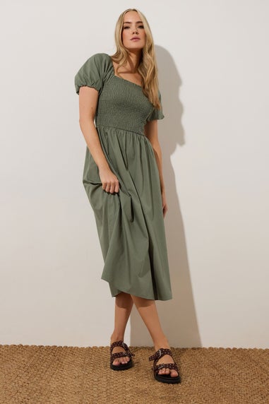 Long Tall Sally Khaki Green Shirred Puff Sleeve Midi Dress