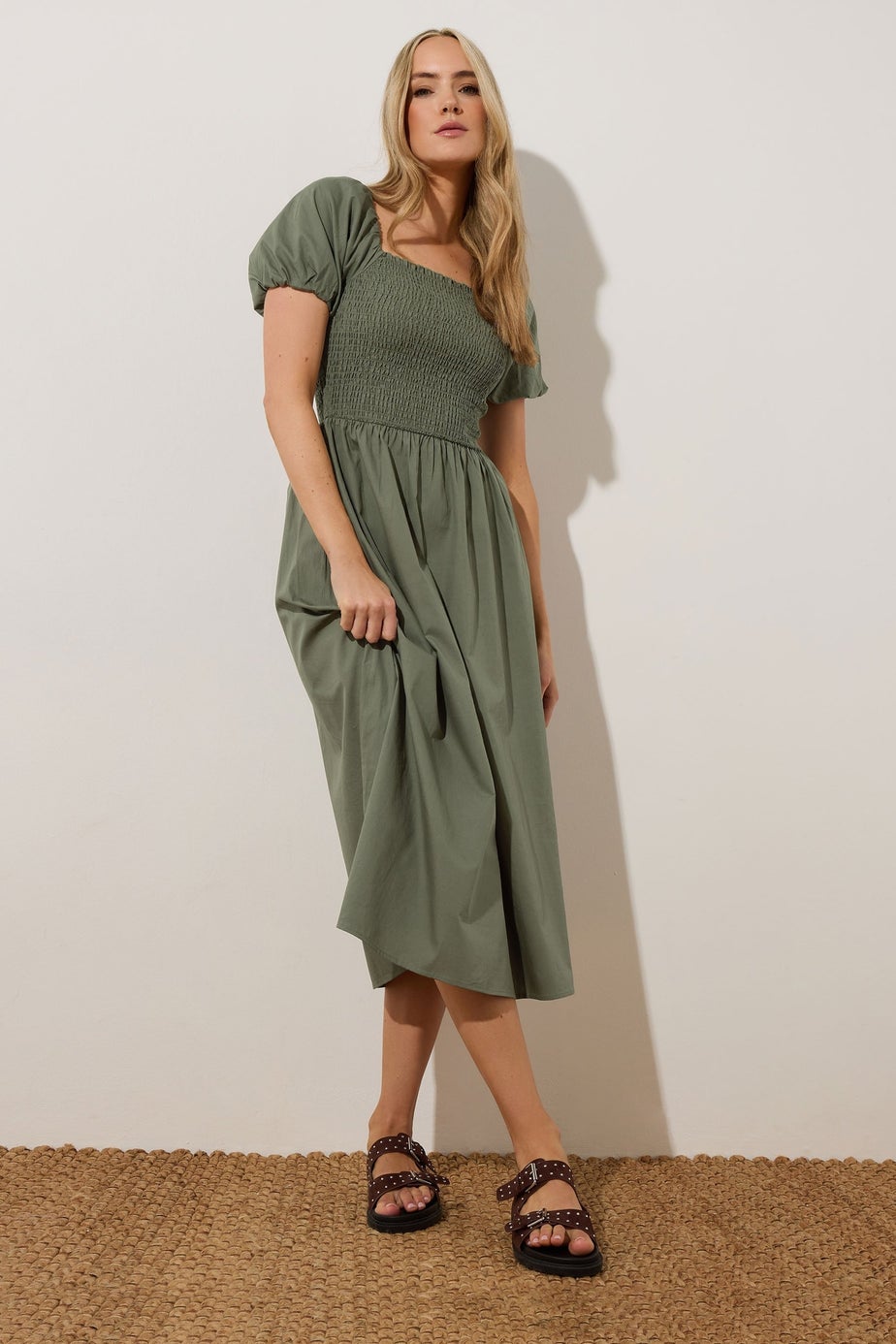 Long Tall Sally Khaki Green Shirred Puff Sleeve Midi Dress