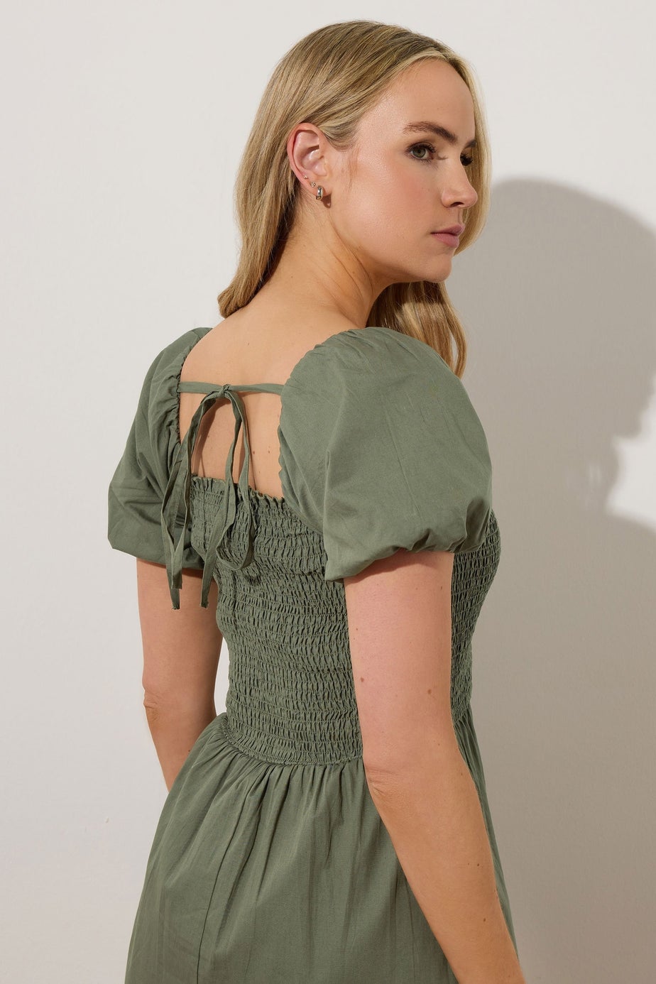 Long Tall Sally Khaki Green Shirred Puff Sleeve Midi Dress