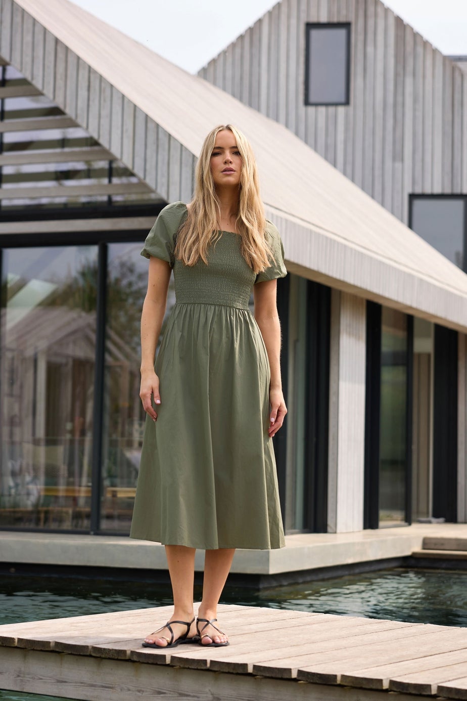 Long Tall Sally Khaki Green Shirred Puff Sleeve Midi Dress