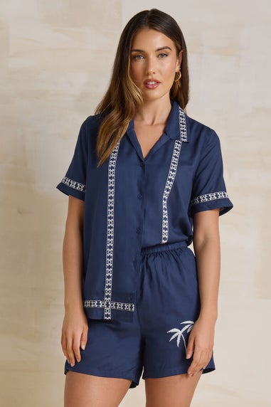 Long Tall Sally Navy Blue Embroidered Palm Tree Shorts