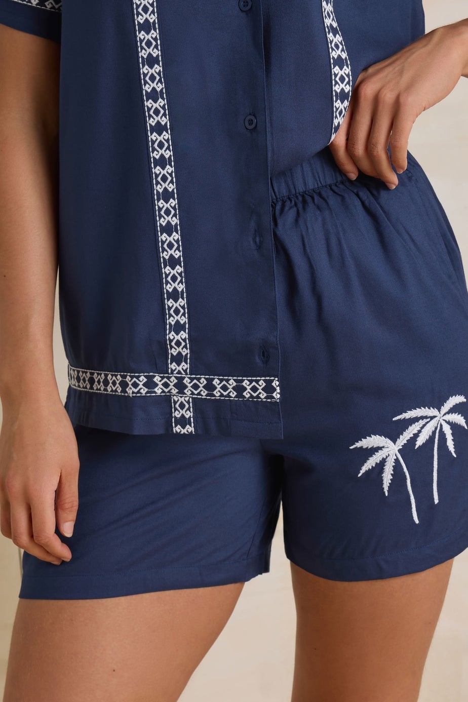 Long Tall Sally Navy Blue Embroidered Palm Tree Shorts