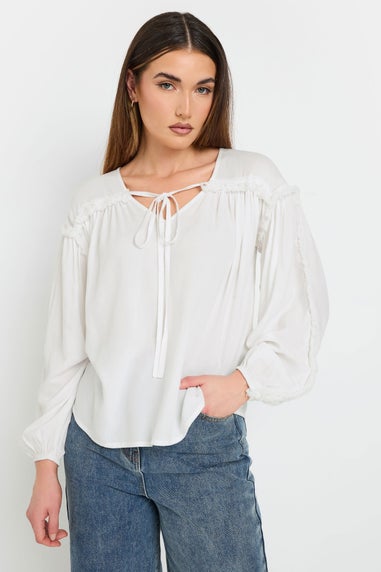 LTS Tall Ivory White Fringed Seam Tie Neck Blouse