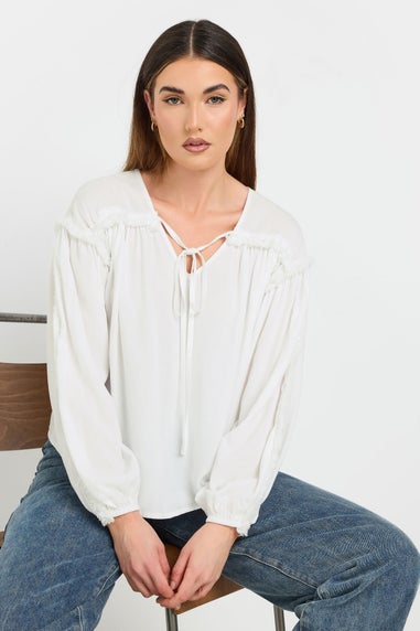 LTS Tall Ivory White Fringed Seam Tie Neck Blouse
