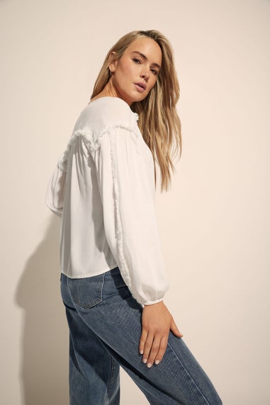 LTS Tall Ivory White Fringed Seam Tie Neck Blouse