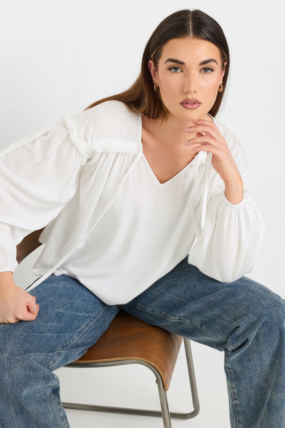 LTS Tall Ivory White Fringed Seam Tie Neck Blouse