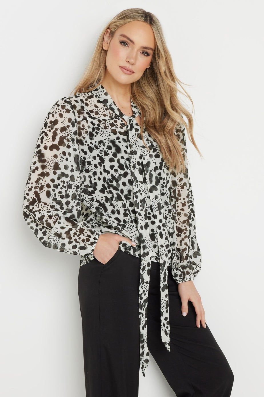 LTS Tall White Spot Print Tie Neck Blouse