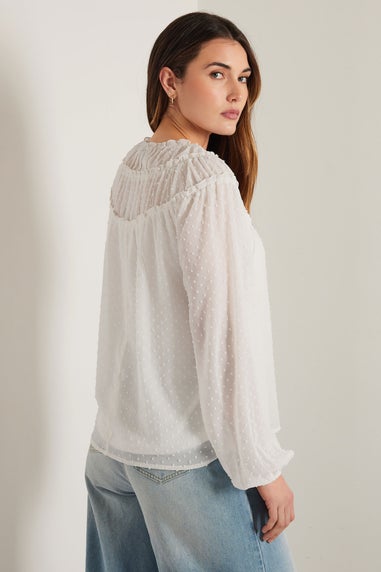 LTS Tall Ivory White Sheer Dobby Tie Neck Blouse