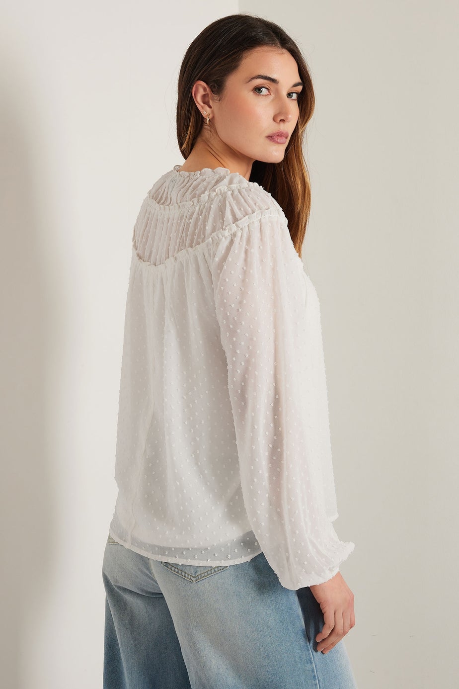 LTS Tall Ivory White Sheer Dobby Tie Neck Blouse