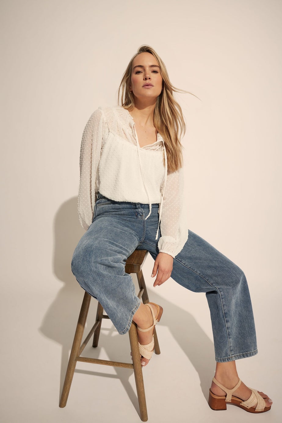 LTS Tall Ivory White Sheer Dobby Tie Neck Blouse